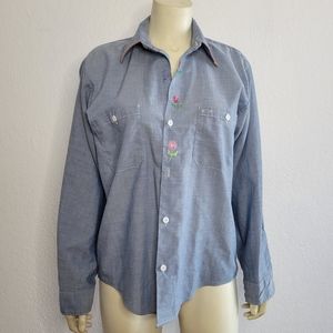 70s Chambray shirt with floral embroidery Vintage